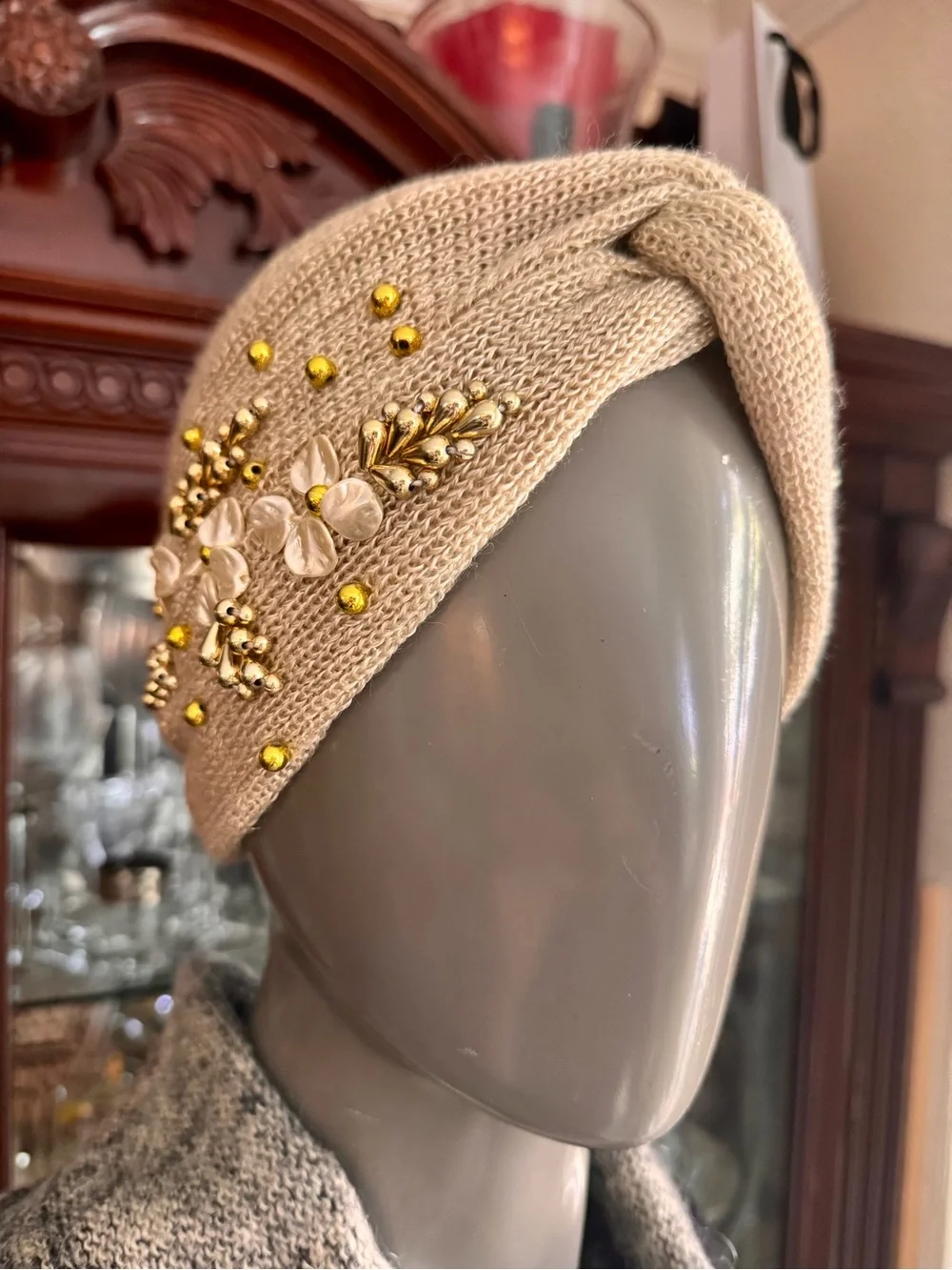 Anthropologie Beaded Knit Turban Headband Ear Warmer - Beige & Gold Boho